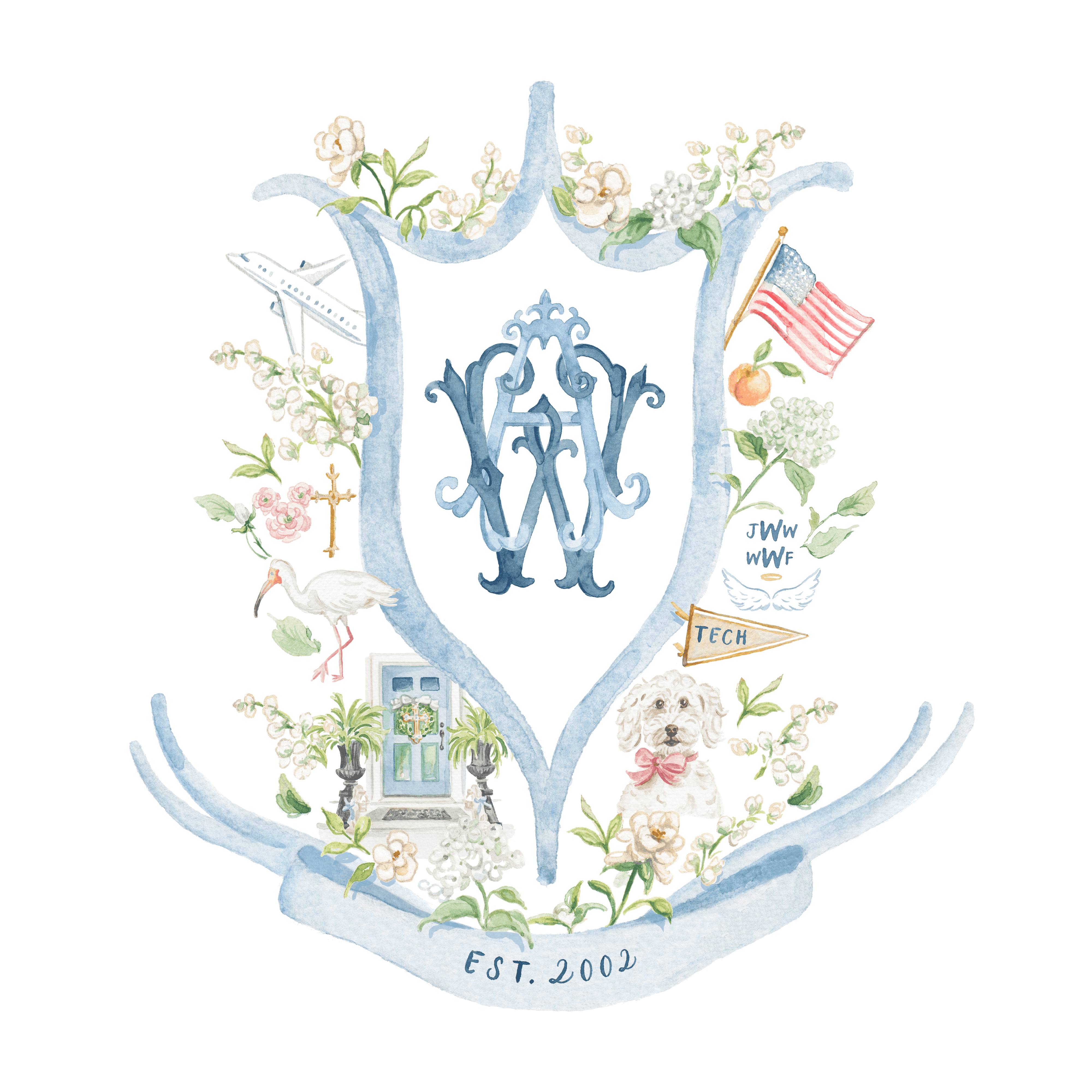 Blue Hydrangea Watercolor Wedding Crest Monogram Monogram 